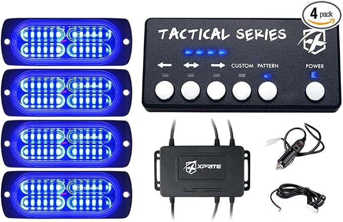 Xprite 24 LED Blue Surface Mount Strobe Police Lights Kit, Emergency Safety Warning Flashing Grille Safety Cop Marker Light Assembly for Volunteer Vehicles Trucks ATV UTV Motorcycle 4PCS
