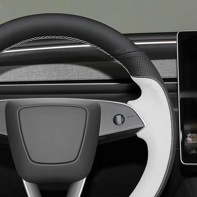 MEWANT Stitching Black White Embossed Faux Leather Steering Wheel Cover for Tesla Model 3 Highland 2025 Model Y Juniper