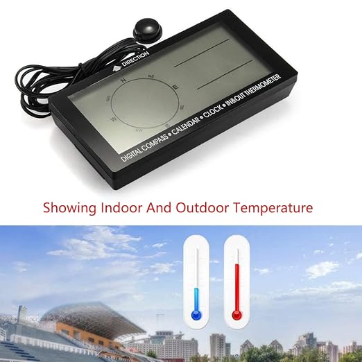 Digital Car Thermometer Black with Blue Backlight Compass Clock with Large LCD 3.9inch