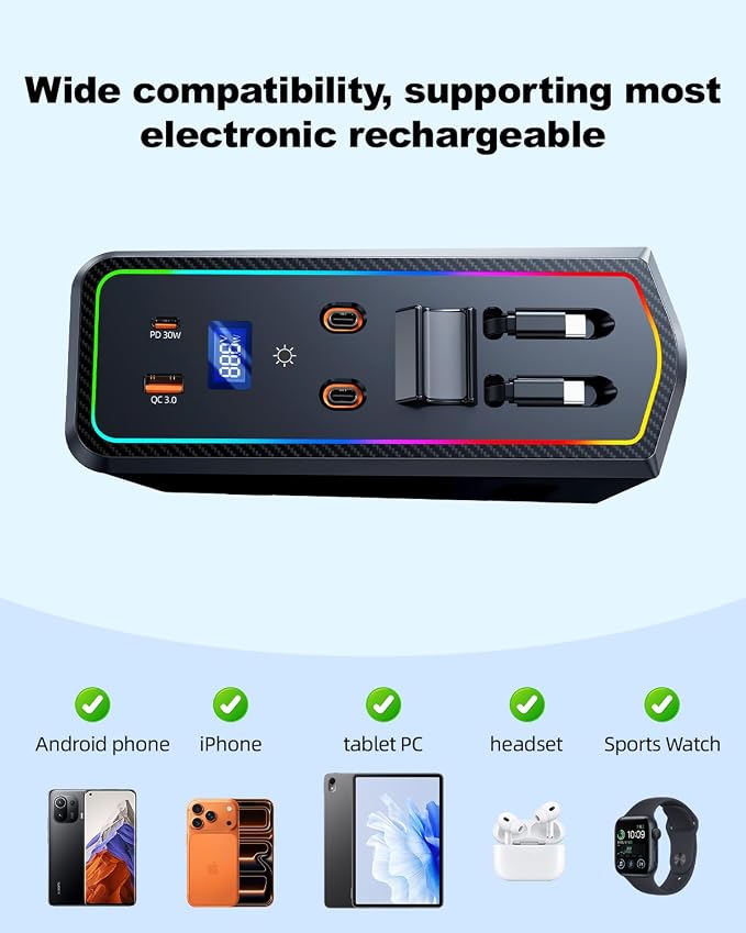 ELOHEI Car Fast Charger for Toyota Camry 2026 2025 2024 with 8-Color Ambient Light, Multi Port Retractable Docking Station for Toyota Camry 2023-2026 Accessories (Black)