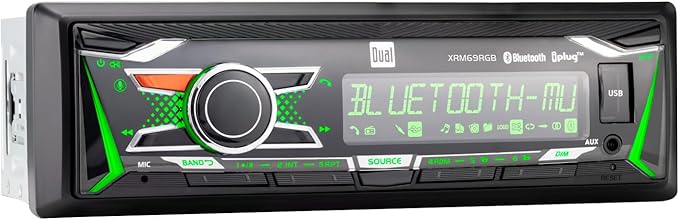 Dual Electronics XRM69RGB | 12-Character LCD Single DIN Car Stereo | RGB Custom Colors | Push to Talk Assistant | Bluetooth Hands Free Calling Music Streaming | AM/FM | USB Playback & Charging