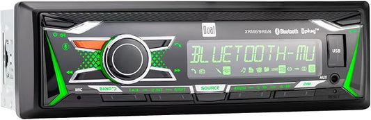 Dual Electronics XRM69RGB | 12-Character LCD Single DIN Car Stereo | RGB Custom Colors | Push to Talk Assistant | Bluetooth Hands Free Calling Music Streaming | AM/FM | USB Playback & Charging