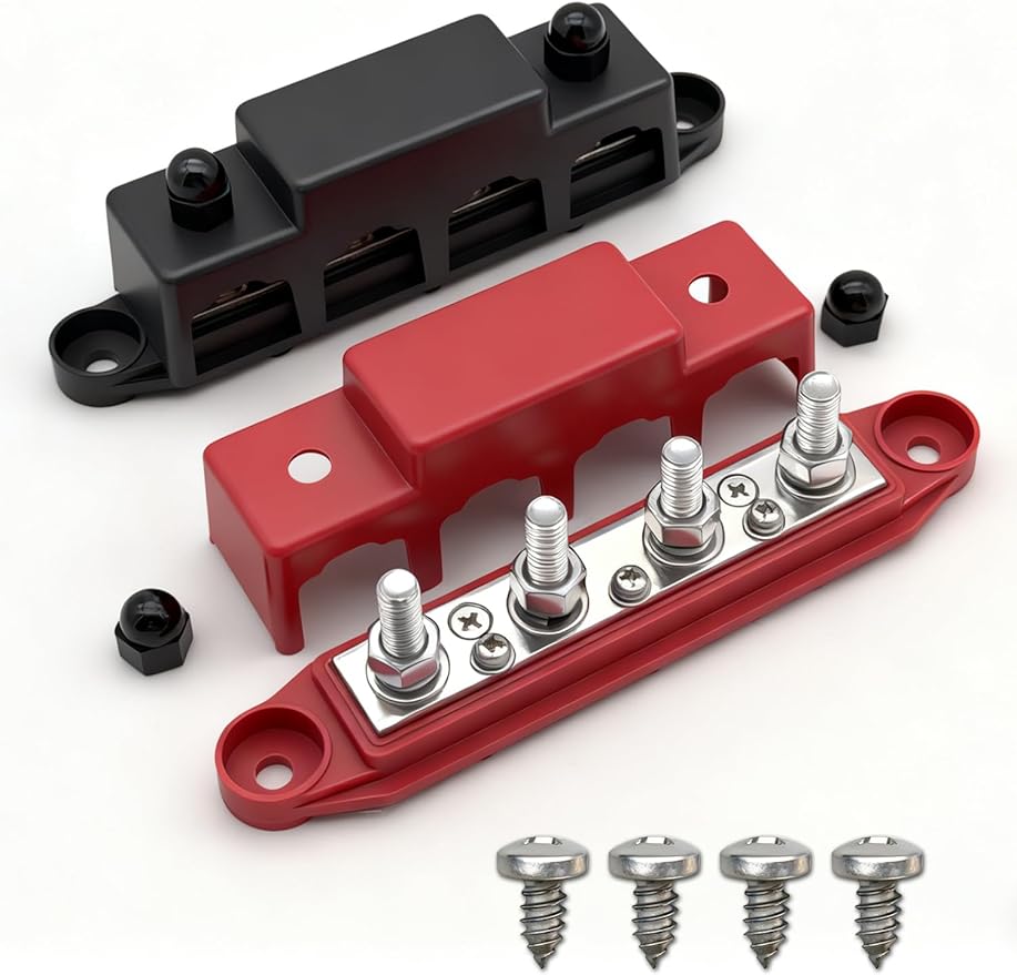 Bus Bar 12V 150A Power Distribution Block 4 x 5/16"(M8) Studs Marine Bus Bar Battery Bus Bar with Cover for Marine Car RV Solar Wiring (Pair, Red & Black)
