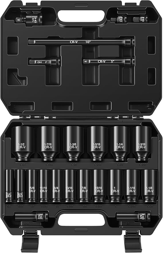 Aloanes 25-Piece 1/2" Drive Socket Set, SAE (3/8"- 1-1/2"), Deep Sockets, 1/2" F to 3/8" M Reducer,3/8" F to 1/2" M Reducer, Universal Joint, Extension Bars, 6 Point, Cr-V