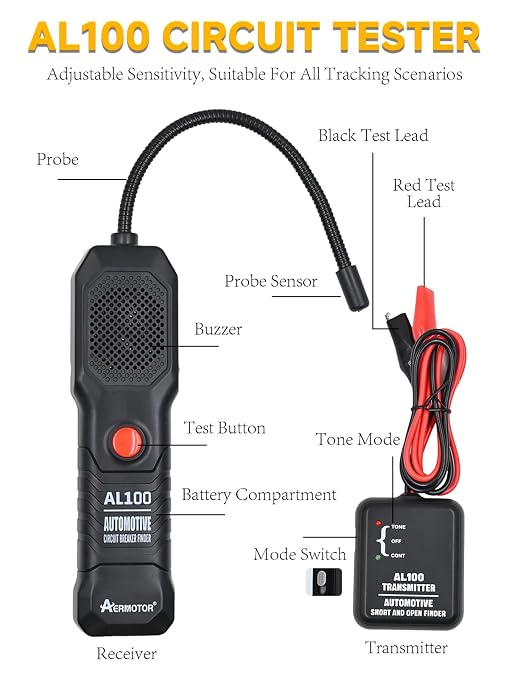 AL100 Wire Tracer Electrical Automotive Short and Open Finder Automotive Circuit Tester Break Finder Fault Probe Wire Detector Tool Electrical DC 6-42V for DIY,Home Use,Mechanic