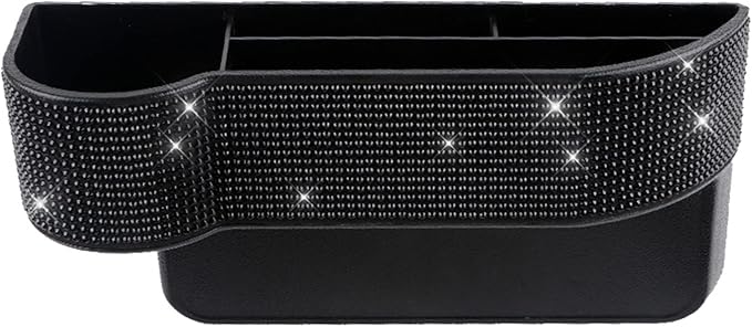 Bling Bling Car Seat Organizer Front Seat Gap Filler with Crystal Rhinestones Diamond, PU Leather Car Seat Console Storage Organizer for Car Accessories (2 Pack Black)
