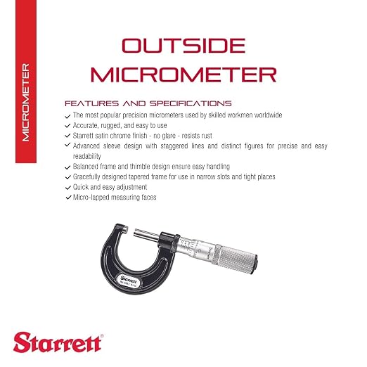 Starrett Outside Micrometer with One-Piece Spindle, Satin Chrome Finish and Tapered Frame - Quick and Easy Adjustment, 0-1" Range, .0001" Graduation - T436.1XFL-1