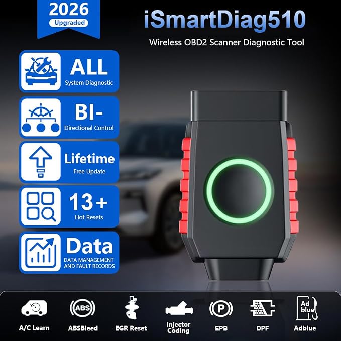 VIDENT iSmartDiag510 Bluetooth Bidirectional OBD2 Scanner, CAN FD/DoIP Full System Diagnostic Tool, 13 Reset Functions, Lifetime Free Update for iOS Android