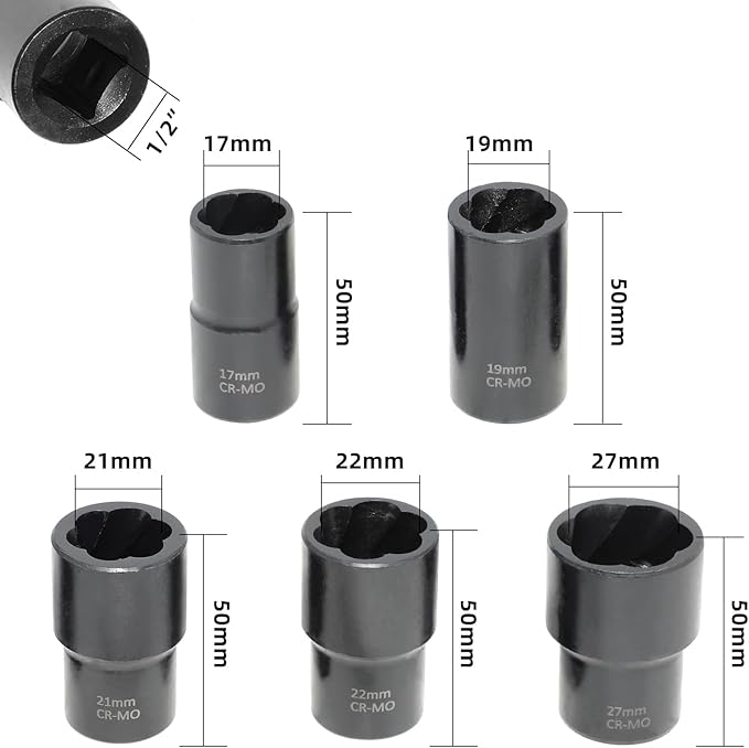 Lug Nut Remover Socket Set, Wheel Locking Stripped Nut Extractor Old Rusted Damaged Emergency Bolt Remove Twist Socket 17mm 19mm 21mm 22mm 27mm