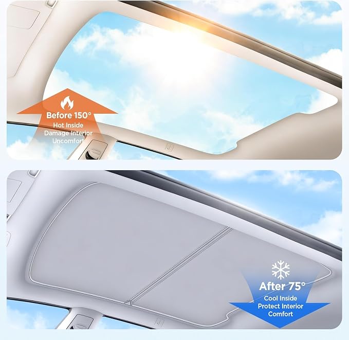2026 Upgrade Sunshade Roof for Tesla Model Y Juniper 2025 2026 [No-Gap/Sag-Free] Heat Insulation Glass Roof Sunshade Sunroof for Tesla Model Y Accessories 2026 2025 Beige