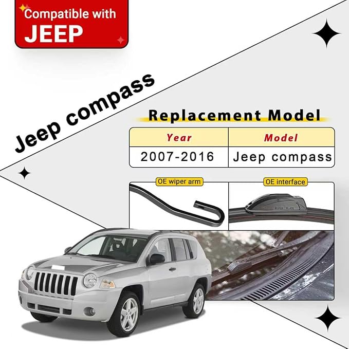 Windshield Wiper Blade Set Replacement for 2007-2016 Jeep Compass Original Equipment Replacement Front Rear Wiper Blades-22"/20"/11" (Set of 3) U/J Hook