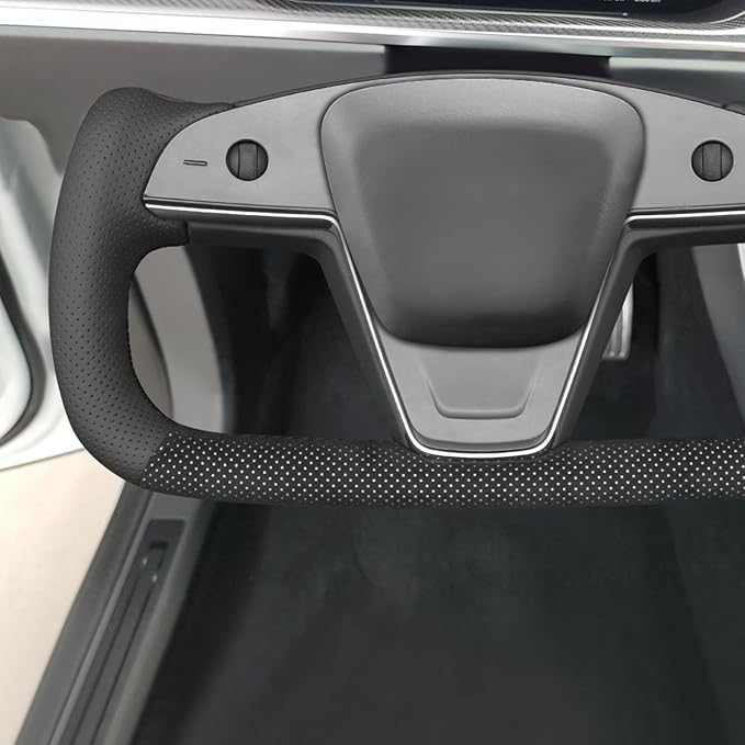 MEWANT DIY Black Perforated Real Leather Mesh Athsuede White Layer Steering Wheel Cover for Tesla Model S Yoke Model X