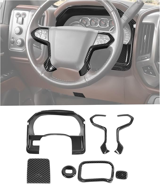 JWWY Interior Kit fit for 2014-2017 Chevrolet Chevy Silverado & GMC Sierra, Center Console Dashboard Start Switch Cover Trim Accessories Carbon Fiber 7PCS