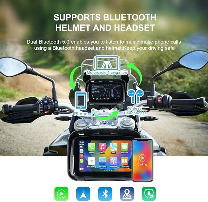 Sunweyer Portable Carplay Wireless Android Auto for Motorcycle,5 Inch IPX7 Waterproof Touchscreen,Auto GPS Navigation,5G Dual Bluetooth,Support Siri/Google Assistant