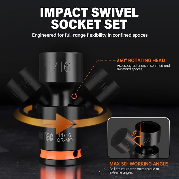 14-Piece 3/8" Drive Shallow Impact Universal Joint Swivel Socket Set, Metric(10-19mm) & SAE(3/8-3/4), Flexible Wobble, CR-MO Steel, with Heavy-Duty Storage Case