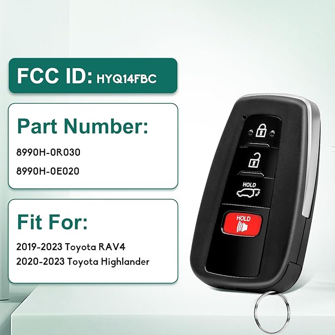 Key Fob Replacement Fits for Toyota RAV4 Highlander 2019 2020 2021 2022 2023, Smart Proximity Keyless Entry Remote Control HYQ14FBC 8990H-0R030, 8990H-0E020 4 Button 314.3 Mhz