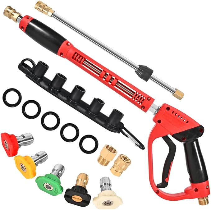Pressure Washer Gun With Extension Wand Replacement 5000 PSI High Power Washer Gun 38 Inch Adjustable Length with M22 14mm or M22 15mm Fitting 5 Nozzle Tips with Nozzle Holder (Red)