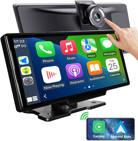 9.3" Portable Car Radio with Dashcam, Wireless Dash Mount, Apple CarPlay & Android Auto, Touch Screen Display, Bluetooth Stereo, Mirror Link, FM, GPS Navigation