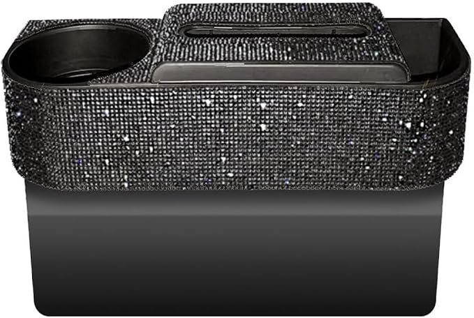 Auto Gap Filler Multifunctional Car Seat Organizer, Multi-Function Tissue Storage Box w/Cup Holder, Auto Console Side Storage Box, Black Rhinestone - Black