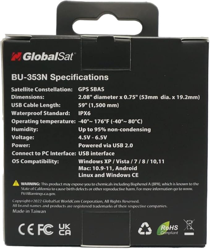 GlobalSat BU-353N USB GPS Receiver, Black, Made in Taiwan