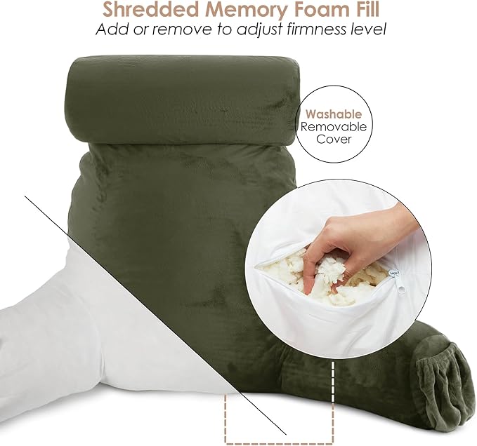 Nestl Reading Pillow with Shredded Memory Foam Includes 2 Neck and Lumber Support Pillows, Designed for Sitting Up in Bed and Couch, Back and Arms Adjustable Support for Adult & Teens, Olive Green