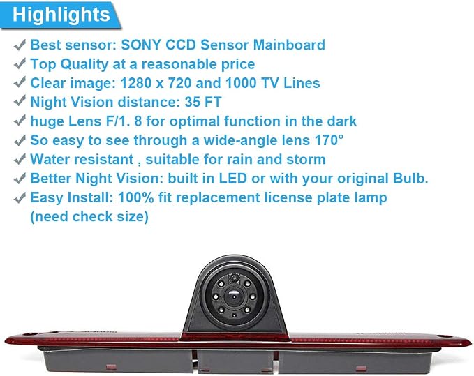 1280 * 720 Pixel Third Roof Brake Lamp Car Backup Camera Replacement for Mercedes Benz W906 W907 W910 316 CDI Sprinter Viano Vito Transit Ducato VW Crafter T5 Master Waterproof Night Vision