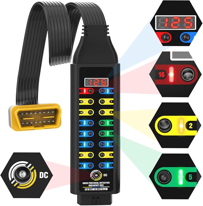 OBD2 Breakout Box Automotive Advanced OBDII Protocol Detector with LCD Display & LED Indicator, 16-Pin CAN Breakout Box Diagnostic Tool for Power Car E.CU, Use with Scanner/Multimeter/Oscilloscope