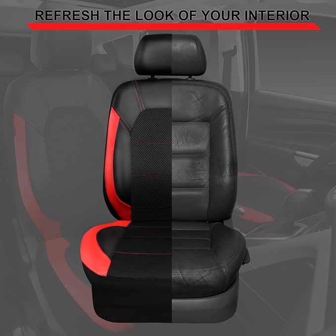 CAR PASS Universal Leather Seat Covers Full Sets, DeepDish Rubber Floor Mats for car Heavy Duty car mats,Car Seat Covers for SUV Sedan Van Truck, Airbag Compatible(Black Red)