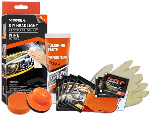 Visbella Auto Vehicle Headlight Restoration Kit, DIY Car Care Electric Repair Kit to Restore Oxidation Hazy Yellow Scratch for Headlights, Taillights, Fog or Directional Lights (Wipe Solution)