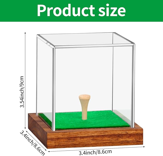 Clear Acrylic Golf Ball Display Case with Wood Base & Tee, Memorabilia Stand Cube Holder, Dust Protection Transparent Storage Box for Single Ball Souvenir Golfball Collections