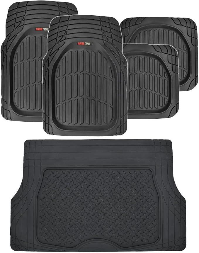 Motor Trend FlexTough Deep Dish Heavy Duty Rubber Floor Mats & Cargo Liner for Trunk All Weather (Black) - Complete Coverage Set