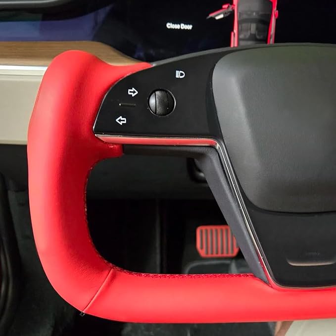 MEWANT DIY Red Smooth Artificial Leather Steering Wheel Cover for Tesla Model S Yoke 2021-2023 Model X 2021-2023