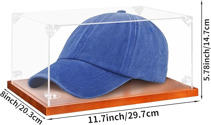 Clear Acrylic Hat Display Case with Wood Base & Tee, Memorabilia Stand Cube Holder, Dust Protection Transparent Storage Box for Single Hat Souvenir Hats Collections
