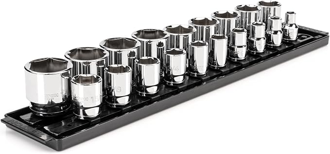 TEKTON 1/2 Inch Drive Shallow 6-Point Socket Set with Rails and Tray, 19-Piece (3/8-1-1/2 in.) | SHD92122
