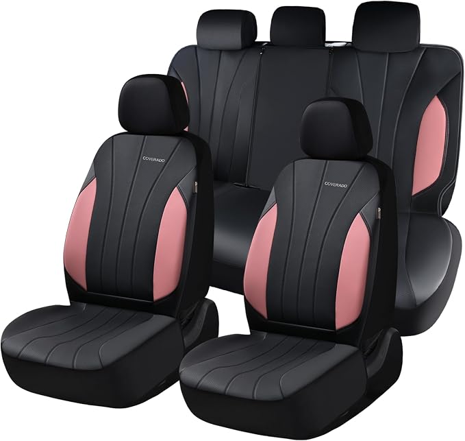 Coverado Automotive Car Seat Covers Full Set, Luxury Seat Covers, Leather Car Seat Protectors with Storage Bags, Pink Driver Seat Covers Universal Fit for SUVs Trucks Sedans