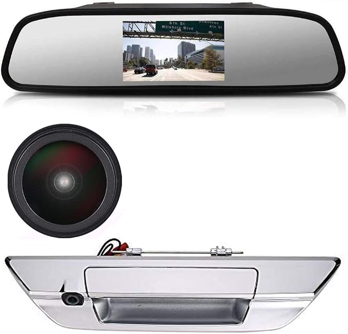 1280 * 720 Pixels HD Car Rear View Trunk Handle Parking Camera Replacement for Toyota Hilux 8 MK8 Pickup Truck Masters OX AN120 AN130 Revo Recco/Invincible 50 2015-2019(with 4.3-inch Rearview Mirror)