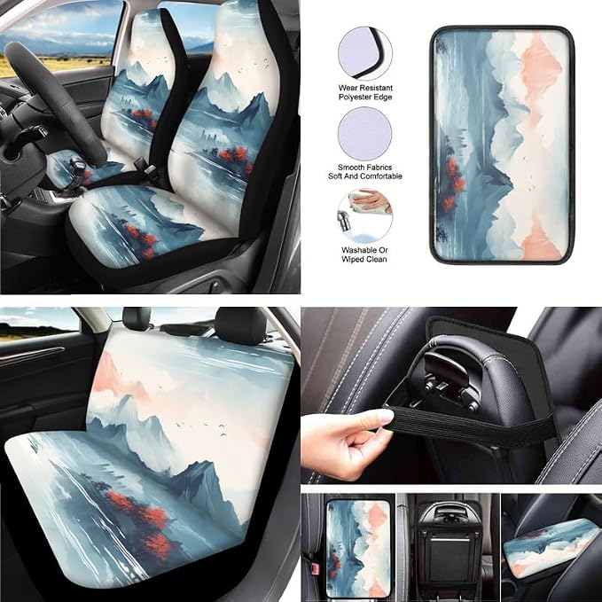 Chinoiserie Mountian Hand Drawing 13 Pack Car Accessories Set Include Car Chinese Landspace Front Seat Covers Car Decorations,Car Cup Pad Seat Belt Shoulder Pads, Universal Size, F9-13B