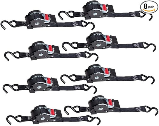 Mytee Products Auto Retract NO-RATCHETING Ratchet Straps | 1" x 12' Retractable Ratchet Straps with Coated S Hook Tiedowns for Motorcycles, ATVs, Bikes: Tight & Secure Pickup Trailer Tie-Down - 8 Pack