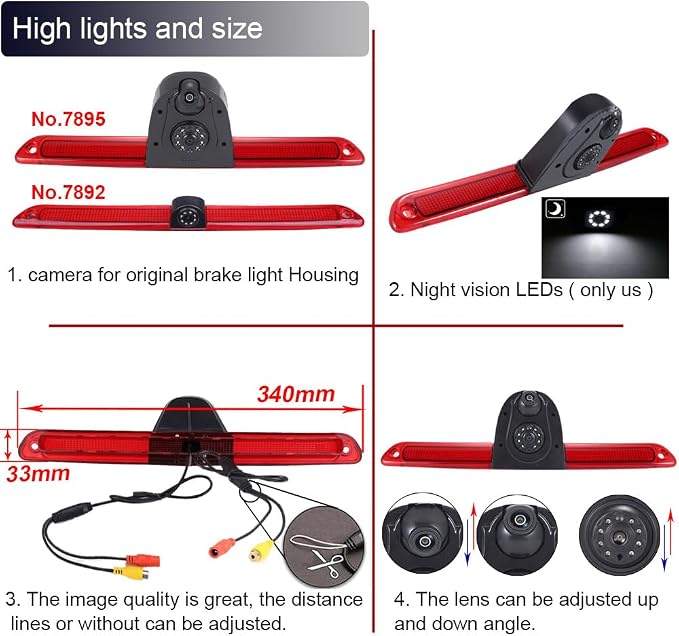 Top Mount Brake Light Reverse Backup Camera Double Rear View Camera Two Lens Camera+7 inch LCD Monitor for Mercedes Benz Sprinter W906/VW Crafter Caravelle 2007-2015