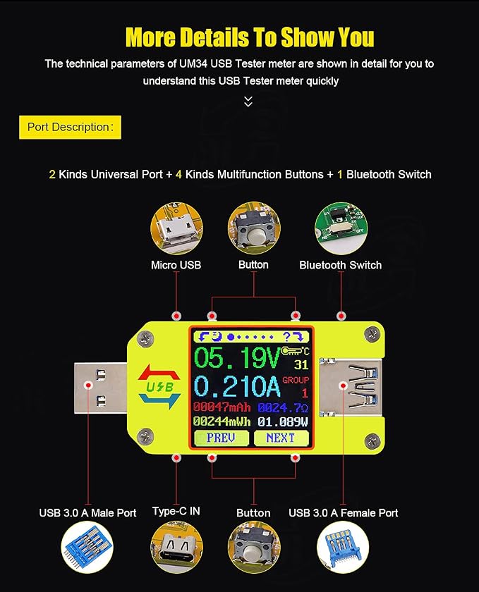 RD UM34C 4A USB3.0 USB Meter Tester Voltage Current Power Charger Voltmeter Ammeter Multimeter Tester Measure Cable Resistance(UM34C)