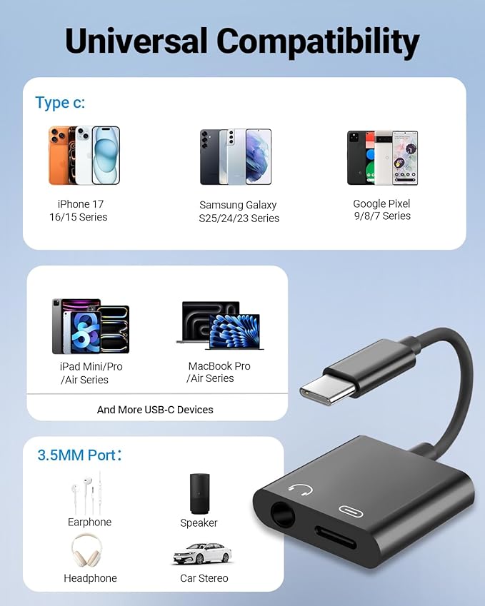 Seulliya USB C to 3.5mm Headphone Jack and Charger Adapter, 2-in-1 Audio & Fast Charging Splitter for Apple iPhone 17/16/15/Pro/Pro Max, iPad, Samsung, Pixel, and More 3Pack Black
