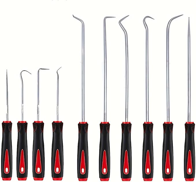Professional 10-Piece Automotive Hook and Pick Set for Oil Seal, O-Ring, Gasket Removal - Car Repair Tool Kit for Mechanics, Auto Body Dent Puller, Engine Repair & Maintenance (Red)