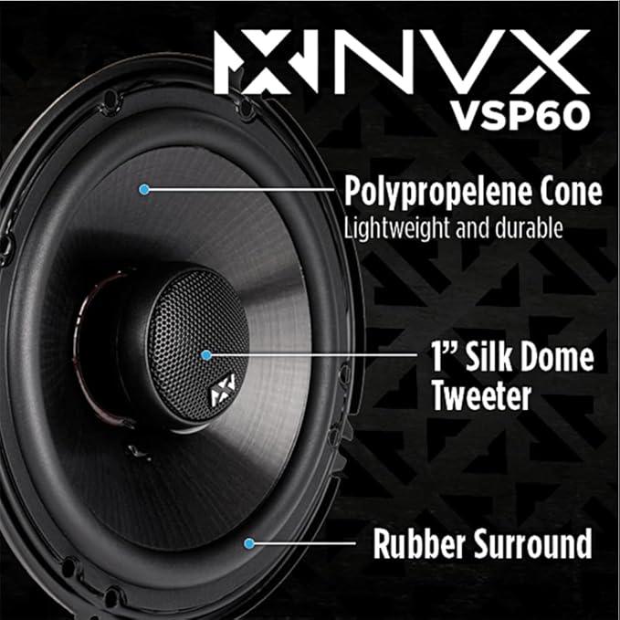 NVX® VSP60 6" Premium Car Speakers, 600W Max, 200W RMS, 2-Way 6 inch Coaxial w/ 1" Silk Dome Tweeters & Built-in X-Overs, Easy to Install in Cars/Trucks/Doors (Pair)