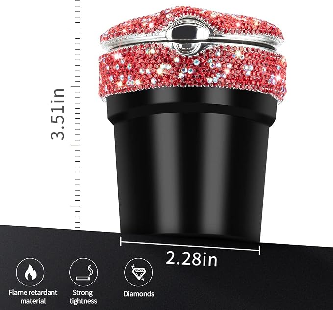 eing Car Ashtray Portable Bling Cigarette Smokeless Cylinder Cup Holder with Blue LED Light Indicator and 2 Replacement Batteries,Car Accessories for Women,Ideal for Car,Home and Office,1-Pack Red
