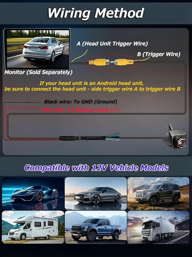 1080P AHD Backup Camera with 170° Wide Angle, 360° Rotatable, Night Vision, IP69K Waterproof - Front/Rear/Side View Reverse Camera for Trucks, Cars, SUVs (AHD1080P)