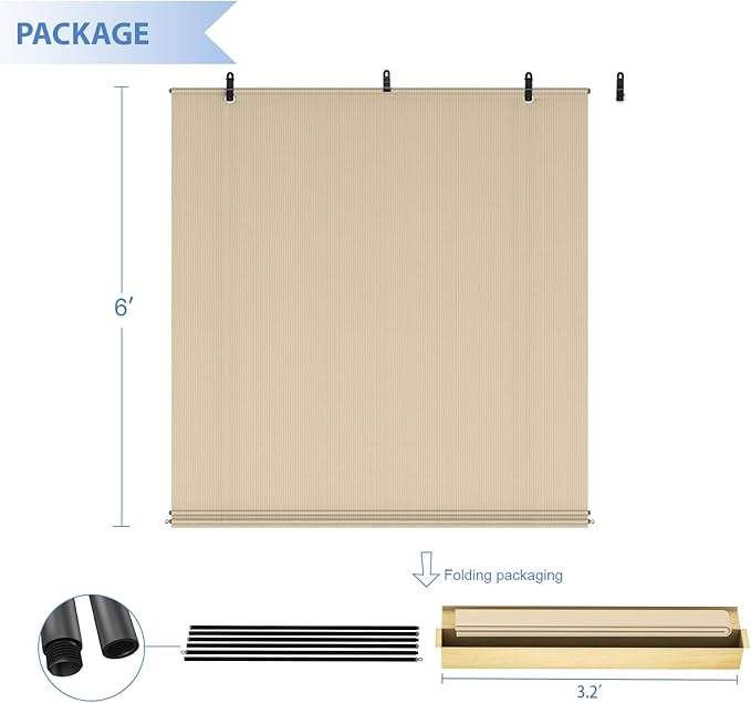 E&K Sunrise 5'W x 15'H Roll Up Outdoor Roller Shade Blind Sun Shade UV Block for Patio, Porch, Backyard, Gazebo, Deck, Pergola (Beige)