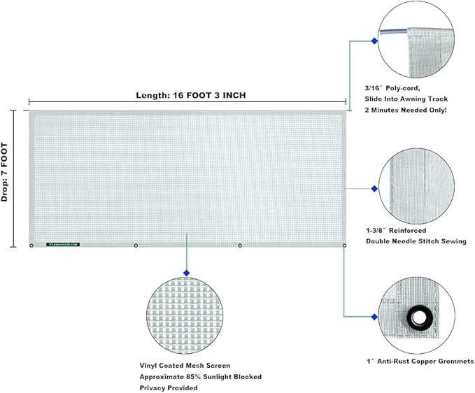 leaveshade RV Awning Sun Shade Screen 7' X 16' 3'' (Fit for 17' Awning)- Mesh Sunshade Block Patio Front UV Glare Motorhome Camping Trailer Awning Shade Canopy Sunscreen - 3 Year Warranty (Gray)