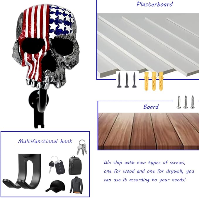 Motorcycle Accessories Helmet Holder Wall Mount, Skull Motorcycle Helmet Rack with 2 Hooks Hanger for Coats, Caps, Sports Equipment