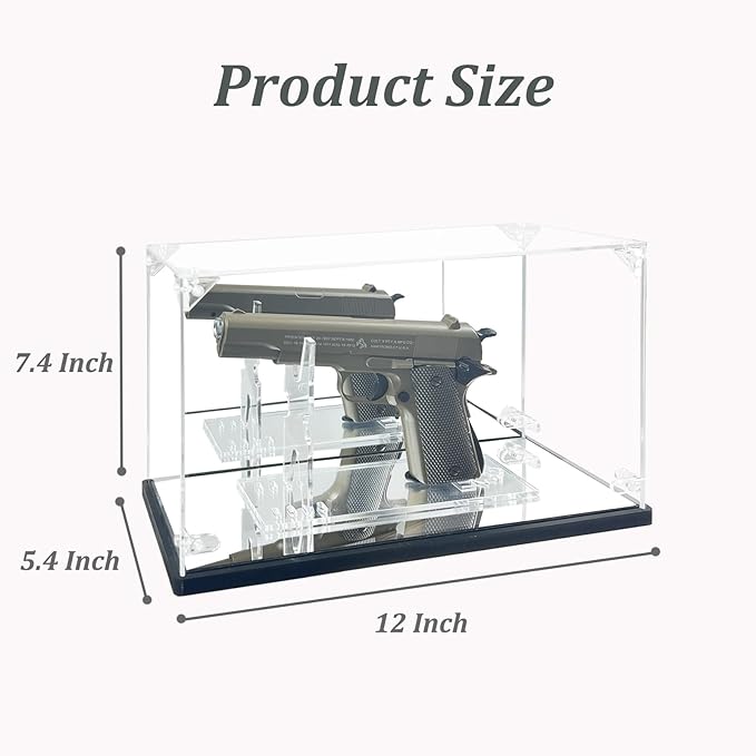 Pistol Display Case, Clear Acrylic Gun Display Case with Pistol Display Stand,Single Handgun Revolver Case with Double Mirror & Black Wood Plastic Base, Dust-Proof&UV Protection for Gun