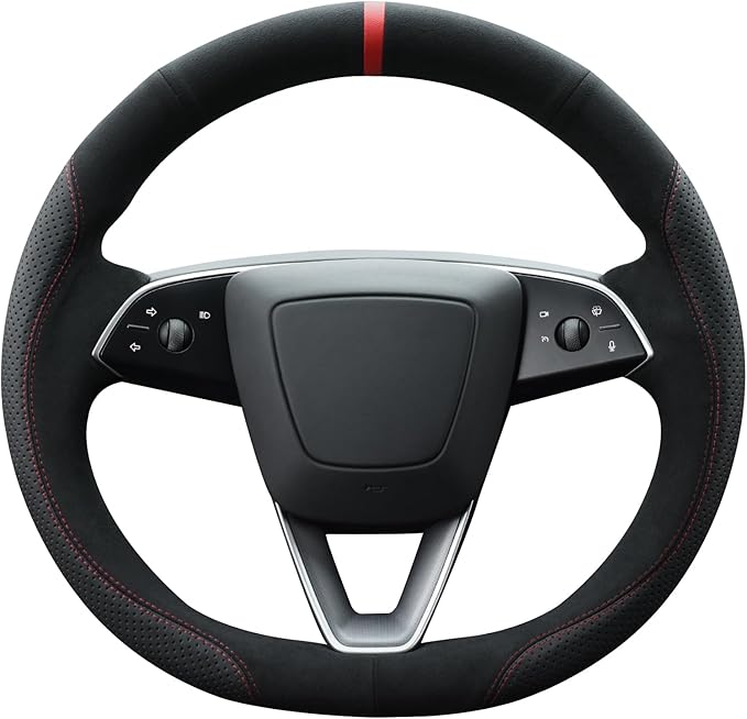 MEWANT Hand Stitched Steering Wheel Cover for 2024 2025 2026 Tesla Model 3 Highland 2025 2026 Model Y Juniper Black Suede Genuine Leather Custom Fit DIY Wrap Interior Accessories